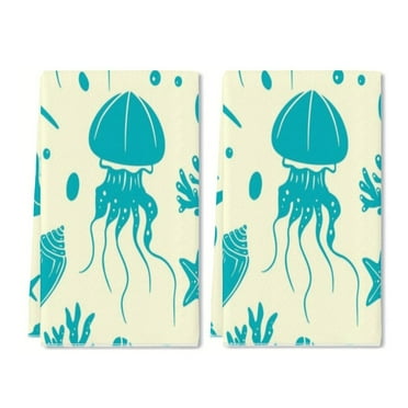 YladaFaie Set of 2 Teal Kitchen Towels Hand Drawn Summer Pattern Dish Towel Bathroom Decorative Rustic Cloths Tea Towels for Kitchen Bathroom Home Cooking Housewarming Gifts, 16 x 24 Inch