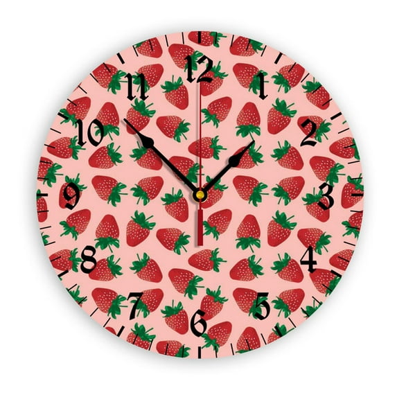 YladaFaie Strawberry 10 Inch Silent Non Ticking Battery Operated Clock Vintage Round Clock for Living Room Bedroom Bathroom Office Decor