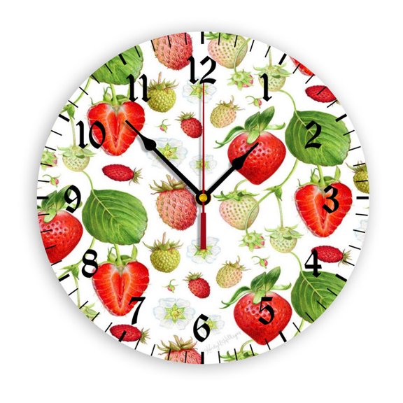 YladaFaie Strawberry Home Decor Butterfly Round Acrylic 10 Inch Wall Clock Non Ticking Silent Clock Art for Living Room Kitchen Bedroom Decorative