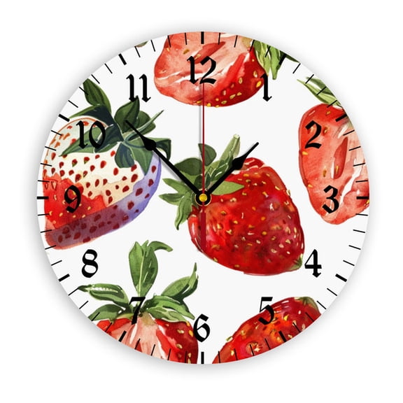 YladaFaie Strawberry Pattern Wall Clock Silent 10 Inch Round Decorative Battery Operated Non Ticking Acrylic Quiet Clocks for Bedroom Office School Home