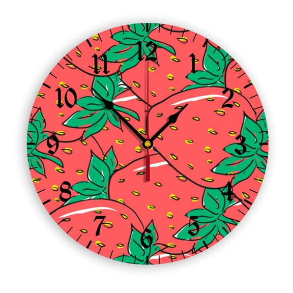 YladaFaie Strawberry Silent Wall Clock Round - Non-Ticking Desk Clock Battery Operated Quiet Decorative for Living Room Home Office School Kitchen (10In)