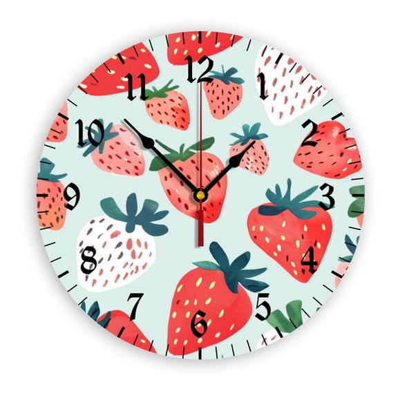 YladaFaie Strawberry Silent Wall Clock Round - Non-Ticking Desk Clock Battery Operated Quiet Decorative for Living Room Home Office School Kitchen (10In)