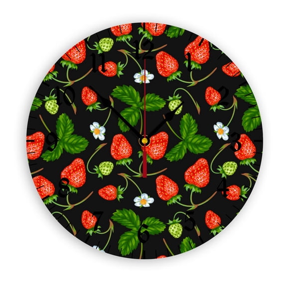 YladaFaie Strawberry Wall Clock Battery Operated Non Ticking Silent Quartz Analog Rustic Farmhouse Round Clock Retro Decor for Home Kitchen Living Room Bathroom