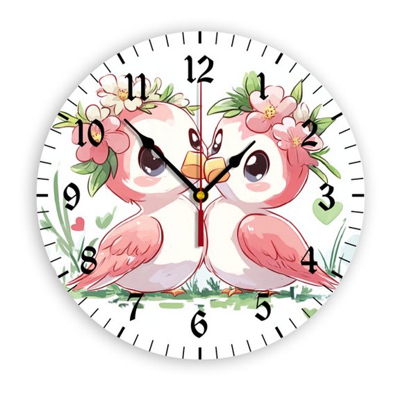 YladaFaie Two Birds Wall Clock Spring Summer Country Silent Non-Ticking 10 Inch Round Clocks PVC Battery Operated Quartz Analog for Living Room Kitchen Bedroom Bathroom Office Home School Decor