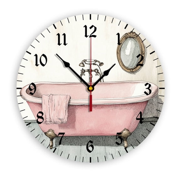 YladaFaie Watercolor Vintage Bathtub 10 Inch Round Hanging Clock Battery Operated Vintage Farmhouse Wall Decor for The Living Room Kitchen Bedroom and Patio Light
