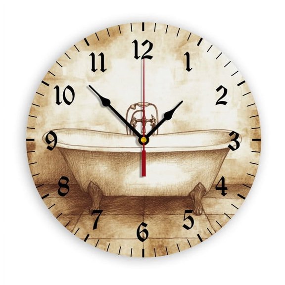 YladaFaie Watercolor Vintage Bathtub Round Wall Clock, 10 Inch Battery Operated Quartz Analog Quiet Desk Clock for Home,Kitchen,Office,School,Bathroom