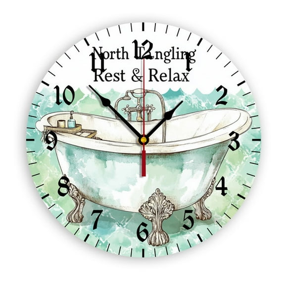 YladaFaie Watercolor Vintage Bathtub Silent Wall Clock for Bathroom Indoor Decoration No Ticking 10 Inch Round Small Clock for Hospital Classroom Home Living Room