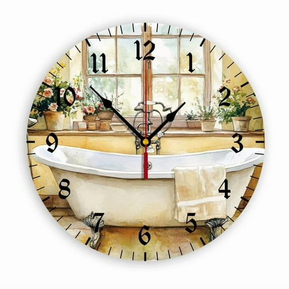 YladaFaie Watercolor Vintage Bathtub Silent Wall Clocks for Living Room Kitchen Decor Bathroom Farmhouse Cabin Non Ticking Decorative Clock 10-Inch Round Clocks