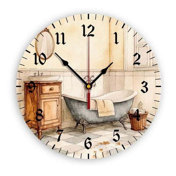YladaFaie Watercolor Vintage Bathtub Wall Clock Battery Operated Non Ticking Silent Quartz Analog Rustic Farmhouse Round Clock Retro Decor for Home Kitchen Living Room Bathroom