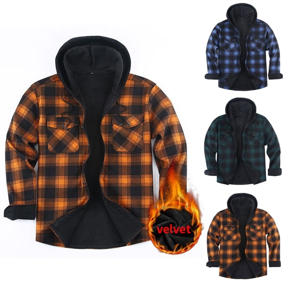 Ylhdenz Men's Buffalo Plaid Hooded Jacket Warm Fleece Jackets Casual Drawstring Long Sleeve Button Down Hoodie with Chest Pocket Fall Winter Travel Outfit XL