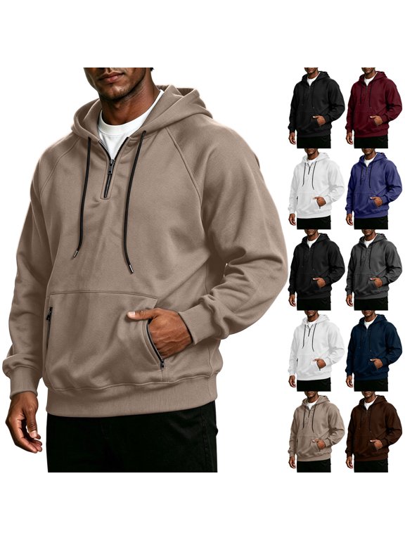 Men's Hoodie Casual Quarter Zip Hoodies Comfy Long Raglan Sleeve Pullover Trendy Solid Color Hooded Sweatshirts with Zipper Pocket L