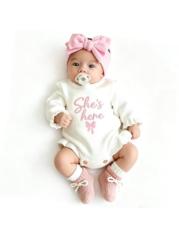 Ylsteed Newborn Embroidery Knitted Ruffle Trim Romper with Bow Headband Soft Sweater Photography Outfit Daily Casual Wear for 0-3 Months Baby Girl Casual Wear