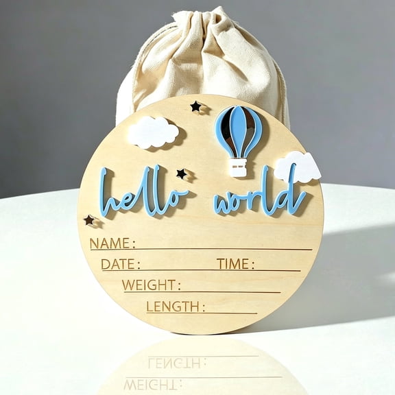 Ylsteed Newborn Hello World Wooden Announcement Sign Boys Girls 3D Hot Air Balloon Cloud Star Design Birth Stats Keepsake Decor Baby Shower Gift
