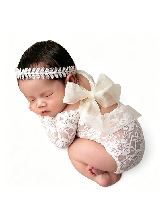 Newborn Baby Girls 0-1 Months Long Sleeve Floral Hollow Lace Romper Bodysuit with Wheat Lace Headband Infant Photography Shoot Outfit Props