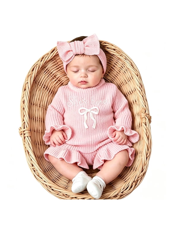Ylsteed Newborn Embroidery Knitted Ruffle Trim Romper with Bow Headband Soft Sweater Photography Outfit Daily Casual Wear for 0-1 Months Baby Girl Casual Wear