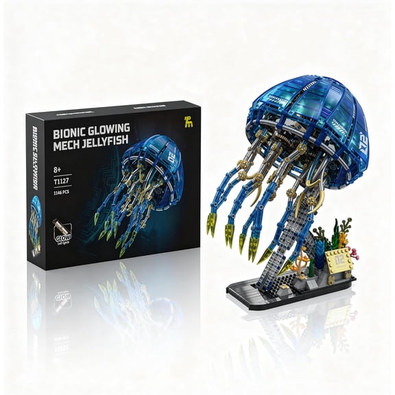 Ylutex Bionic Glowing Mech Jellyfish Building Blocks Set, 1146 PCS Marine Animal Model with LED Light & Moving Tentacles, STEM Toy for adults, Aquarium Style Desktop Decor