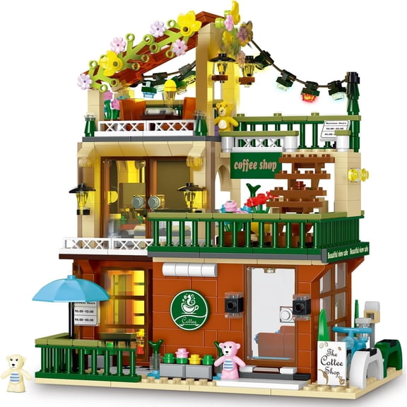 Ylutex City Coffee House Building Block Set with Light, 3 in 1 Cafe Shop Building Set with Garden and Ordering Counter, Street View Architecture Model(875PCS)