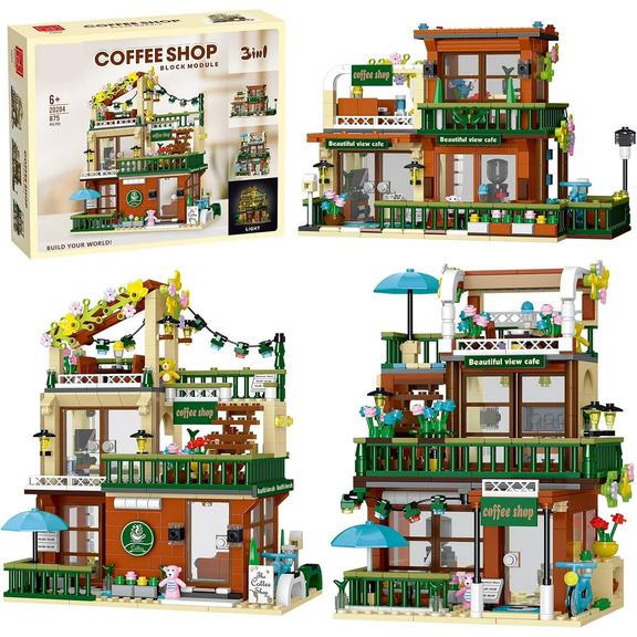 Ylutex City Coffee House Building Block Set with Light, 3 in 1 Cafe Shop Building Set with Garden and Ordering Counter, Street View Architecture Model(875PCS)