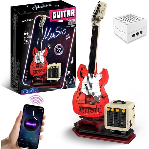 Ylutex Electric Guitar Music Interactive Building Block Set for Music Lovers, Bluetooth Connectivity & Reverb Amplifier, Collectible Building Kit for Rockers, Adults (500+ PCS)
