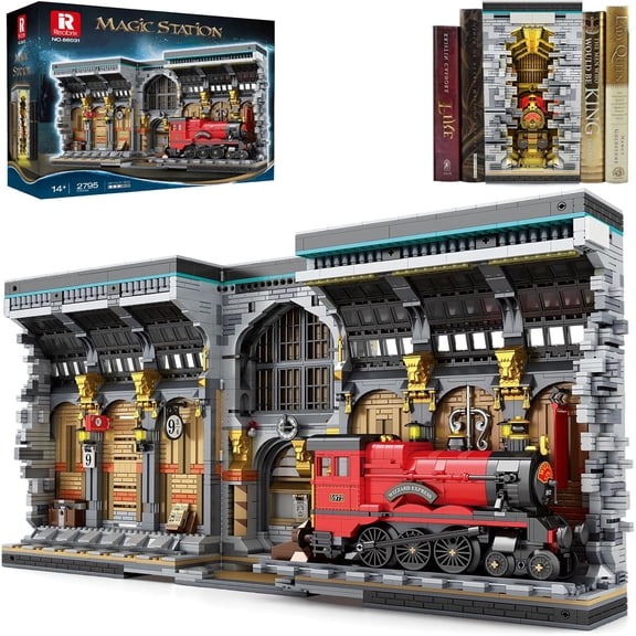 Ylutex Magic Train Booknook Building Block Set with Lights, Creative Bookends Building Set, Bookshelf Home Decor, 2795 PCS Book Nook Building Block Model Toy