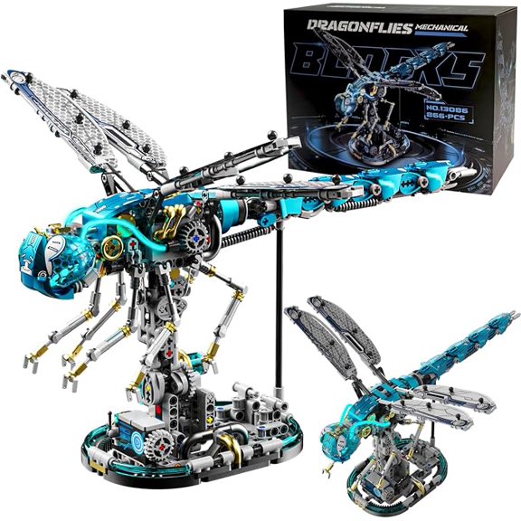 Ylutex Mechanical Dragonfly Building Blocks STEM Kit, Insect Animal World Model with LED Light & Display Stand