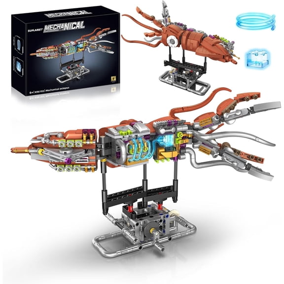 Ylutex Mechanical Squid Building Set with Lights, Rotatable Link Components & Display Stand, STEM Building Set,Home Office Decor for Adults, Mechanical Enthusiasts(633PCS)