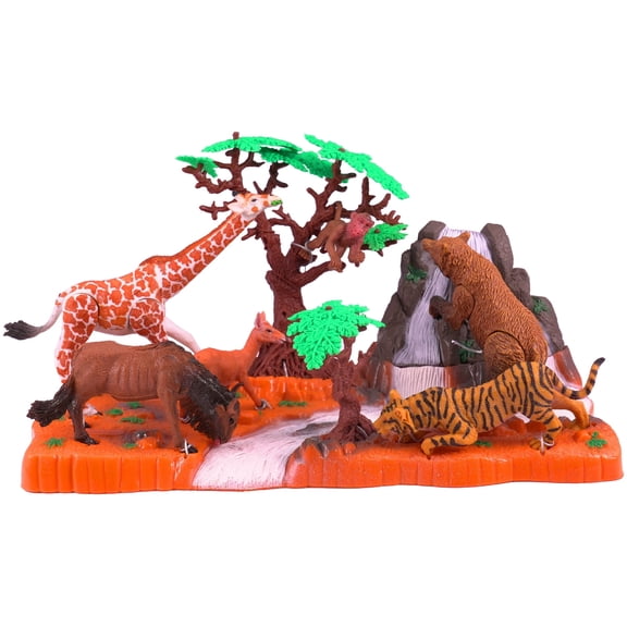 Ylutex Wild Animals Action Figures Set for Kids 3-5, Giraffe Monkey Bear Tiger Deer Cow Habitat Scene Set, Realistic Zoo Animals Scene Toy