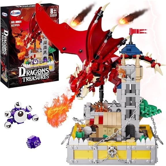 Ylutex Medieval Dragons Castle Building Block Sets, Guarding Dice Tower Kits, Red Dragon Medieval Castle Sets Toys for Adults, Dragon Model Decor Building Block Kit(927 Pcs)