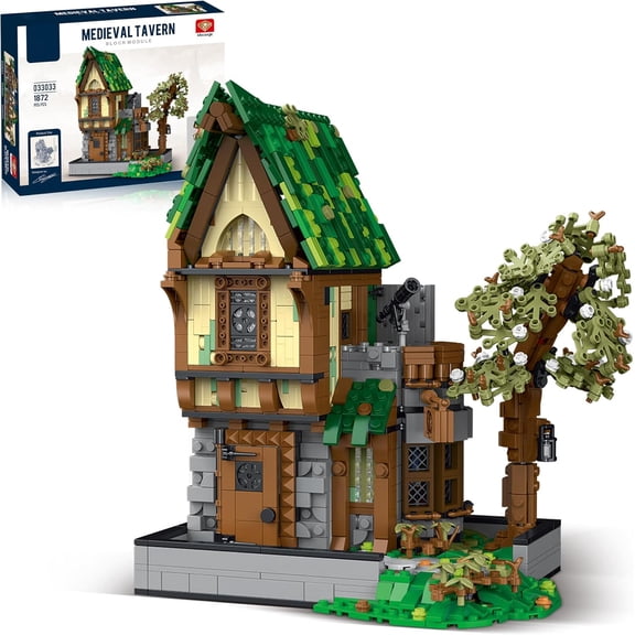 Ylutex Medieval Tavern Building Block Set for Adults, House Architecture Cabin Model Kit,Collectible Toy with Light & Tree for Home Office Desktop Display Decor -1872PCS