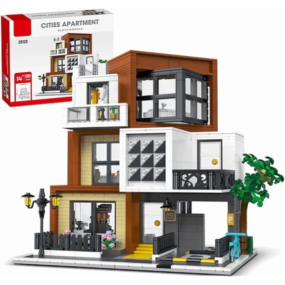 Ylutex Modern House Building Set with LED Light, Modern Cubist Villa Modular City Building Blocks MOC Bricks Set,Compatible with City Sets and Other Major Brands, Adults and Girls Aged 14+1399 PCS