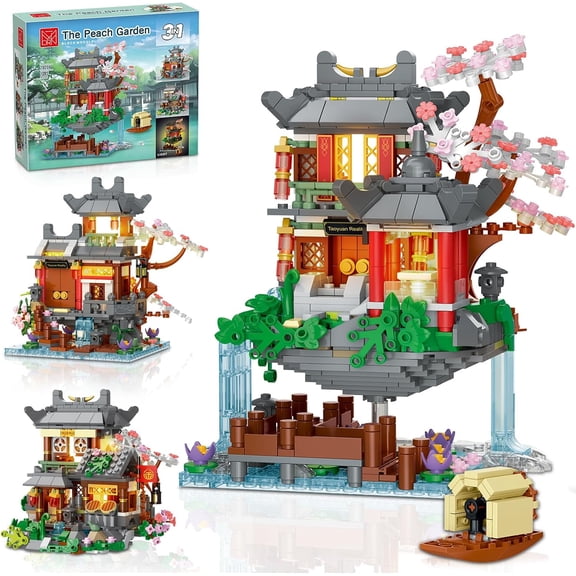 Ylutex Peach Blossom House Building Set with Light 20208,3 in 1 Chinese Garden Building Blocks with Waterfull,Chinese Architecture Model Kit,Home Decor Display Birthday Gift for Adults (1095 PCS)