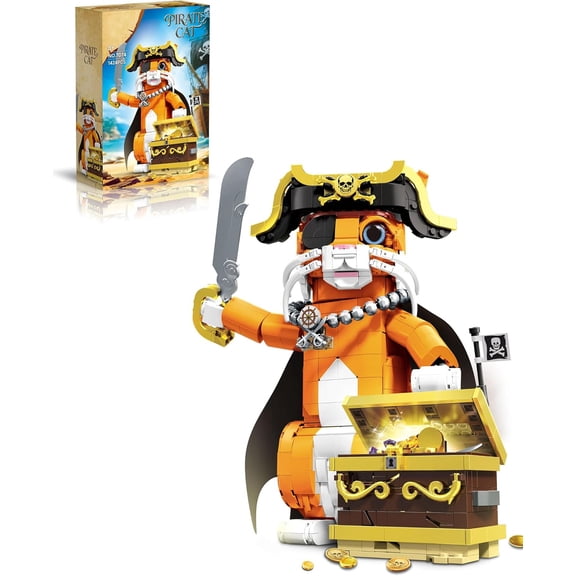Ylutex Pirate Captain Cat Building Set for Adults, Compatible with the major brand Set, 1424PCS Orange Cat with Treasure Chest & Pirate Hat, Adventure Collection choice for Animal Lovers