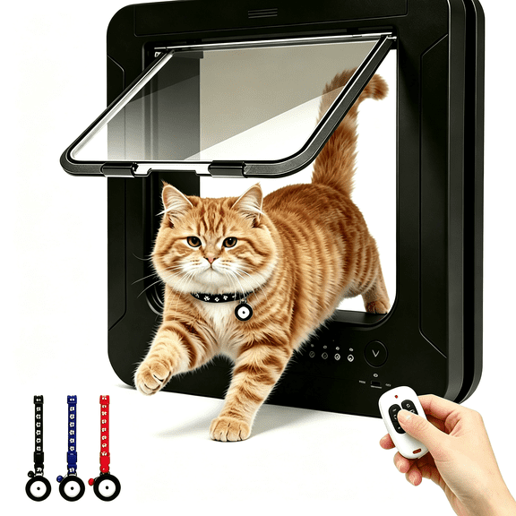 Ylutex Smart RFID Cat Door with 3 Collar Sensor Keys & 1 Remote, 4-Way Locking Cat Flap for Interior, Exterior & Window, 7.67" H  7" W