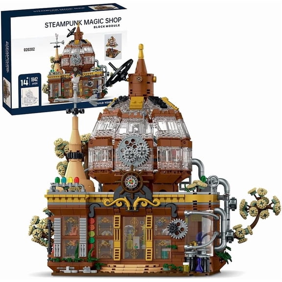 Ylutex Steampunk Magic Shop Building Blocks Set LED Lighted Model with Rich Details with Mechanic Parts,MOC Architecture Toy Display for Adults & Teens(1842 Pcs)