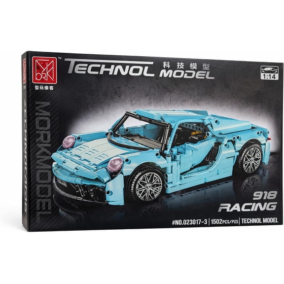 Ylutex Technol Model 918 Racing Building Blocks Car Kit, 1502 Pieces, 1:14 Scale, Blue Sports Car Construction Set for Teens & Adults