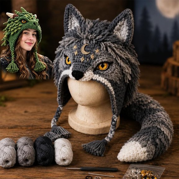 Ylyoy Fantasy Hood Hat DIY Crochet Kit Series, Animal Hood Hat DIY Crochet Kit for Beginners, Complete Great Experience, Tutorial Guide, Yarn & Hook, Gift for Adults,Wolf