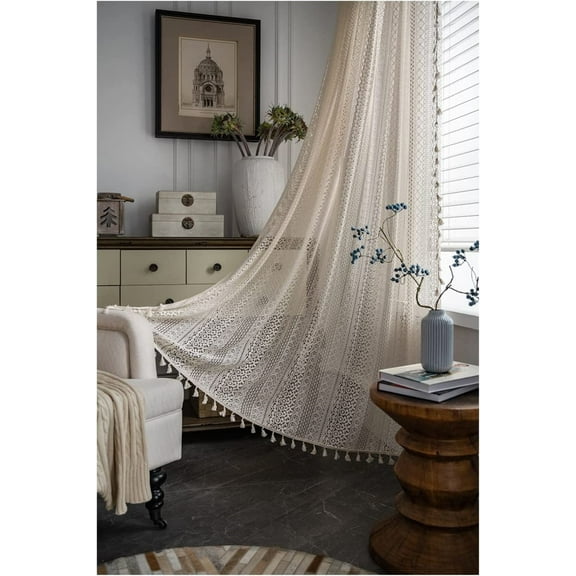 Ymam.Light Beige Lace Curtains - Boho Semi-Sheer Windows Curtains, Rod Pocket Crochet Vintage Cotton Tassel Curtains, 2 Panels 59" x 63"