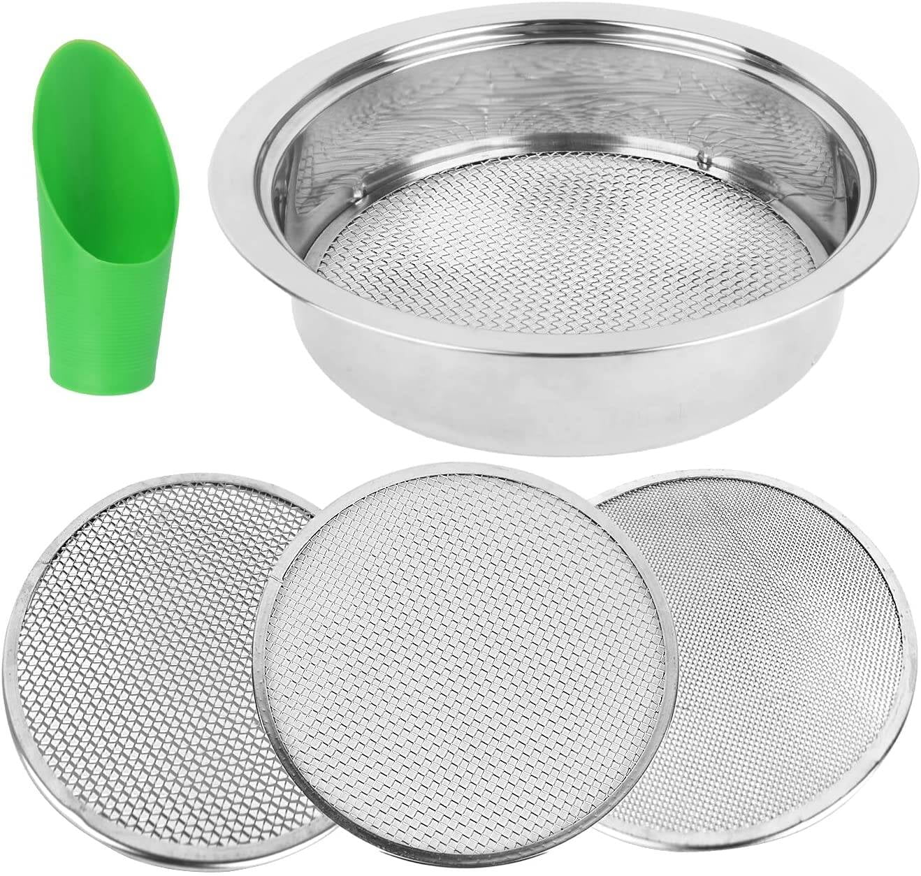 Ymam.Light Garden Sieve, Stainless Soil Sifter, 9.5in Sifting Pan Contain 3 Mesh Filter Sizes and Soil Scoop