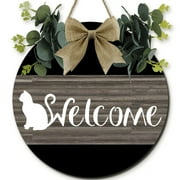 Ymaotrade Funny Cat Welcome Wooden Sing Decorations for Porch Front Door Cat Sign Wooden Hanging Round Farmhouse Decor for Home Outdoor Indoor, Rustic Cat Lover Housewarming Gift 12"