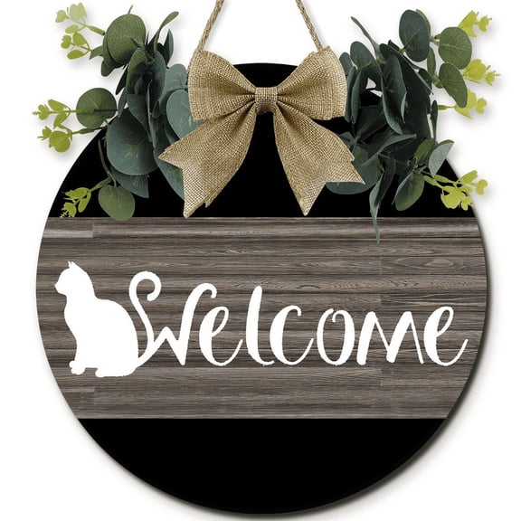 Ymaotrade Funny Cat Welcome Wooden Sing Decorations for Porch Front Door Cat Sign Wooden Hanging Round Farmhouse Decor for Home Outdoor Indoor, Rustic Cat Lover Housewarming Gift 12"