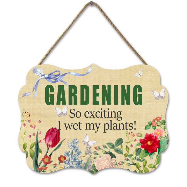 CREATCABIN Holzschild 'Gardening So Exciting I Wet My Plants' – 30x15 Cm, Mit Hanfseil, Für Garten & Wand