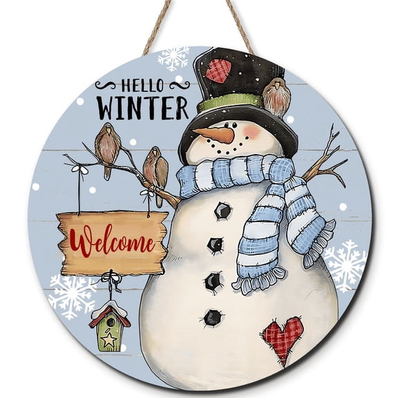 Ymaotrade Hello Winter Welcome Wood Wall Sign Plaque, Snowflake Wooden Door Art Sign, Rustic Snowman Welcome Hanging Sign Home Decor for Front Porch Christmas New Year’s Gift 12in