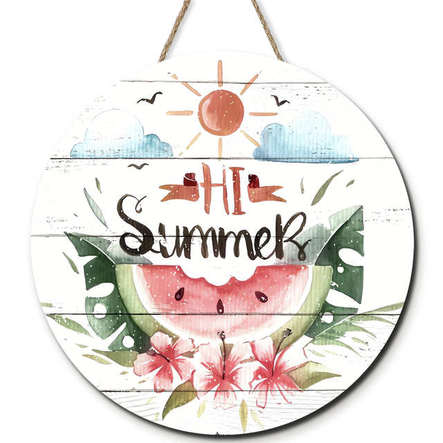 Ymaotrade Hello Summer Wooden Welcome Sign - 12 Inch Round Flamingo & Flower Farmhouse Porch Decor