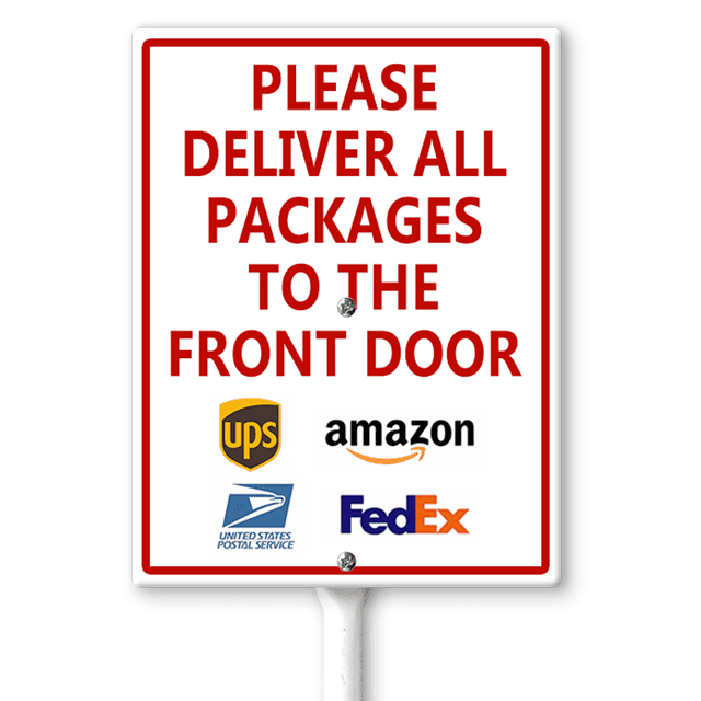 Please Deliver Packages To Front Door Sign - 12x16 Inch Metal Tin Yard Sign With Arrow