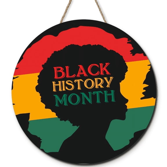 Ymaotrade Wood Black History Month Wooden Sing Decorations for Porch Front Door Kente Black History Sign Wooden Hanging Round Farmhouse Decor for Home Outdoor Indoor, Rustic Housewarming Gift 11"