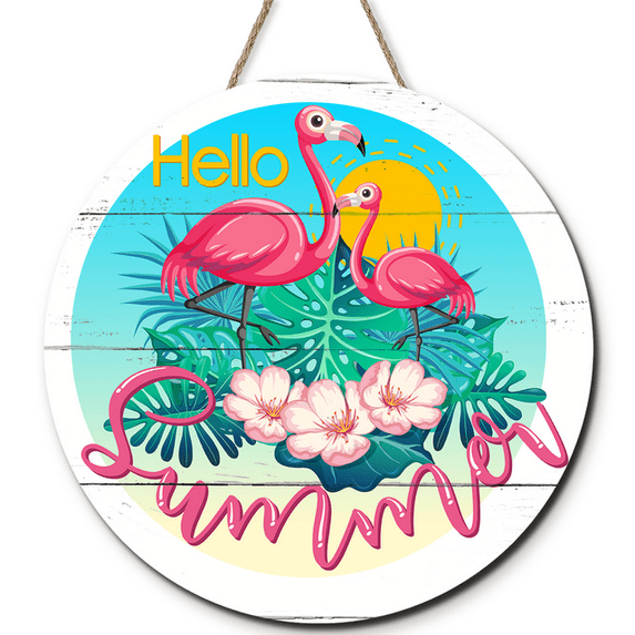 Ymaotrade Wood Flamingo Hello Summer Sign for Front Door Porch, Rustic Pink Summer Wreaths Sign for Farmhouse Decorations, Wood Welcome Hanging Sign for Home Decor Outdoor Indoor12in