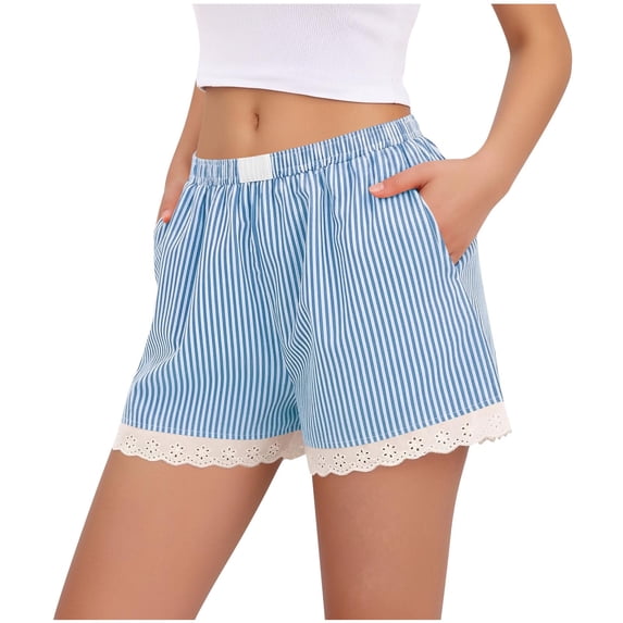 Ymauqau Boxer Shorts for Women Elastic High Waisted Lace Trim Striped Pajama Shorts Casual Beach Shorts with Pockets