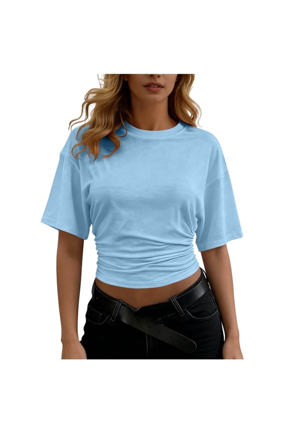 Crop Tops for Women Short Sleeve Crew Neck Side Ruched Cinch Bottom Slim T-Shirts Dressy Casual Tees Going out Blouses