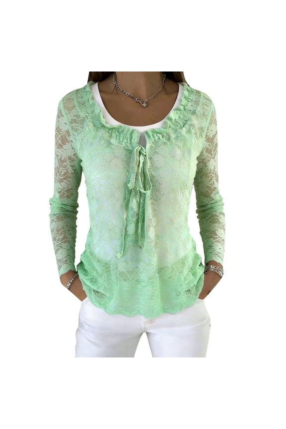 Lace Tops for Women Long Sleeve Tie Neck Cut out Floral Mesh See Through T Shirts Dressy Casual Tee Blouses