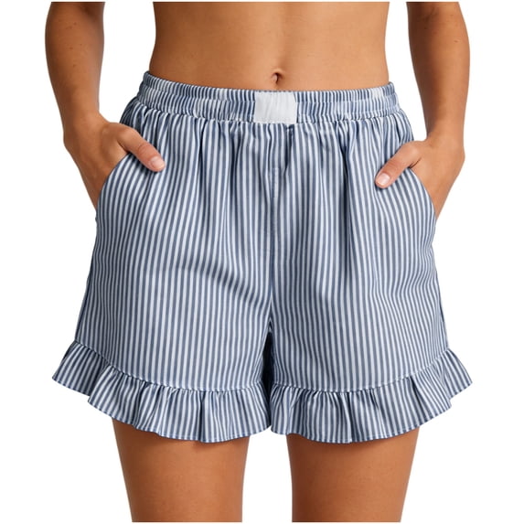 Ymauqau Linen Shorts for Women Elastic High Waisted Pull on Ruffle Hem Striped Boxer Casual Shorts Summer Beach Shorts with Pockets